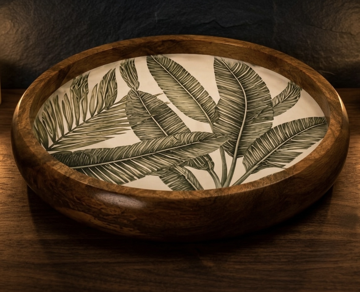 Wood Round Bowl Banana Leaf