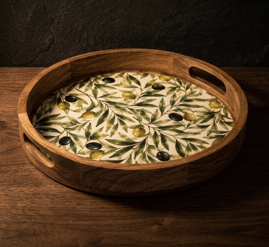 Wood Round Tray Olive Print